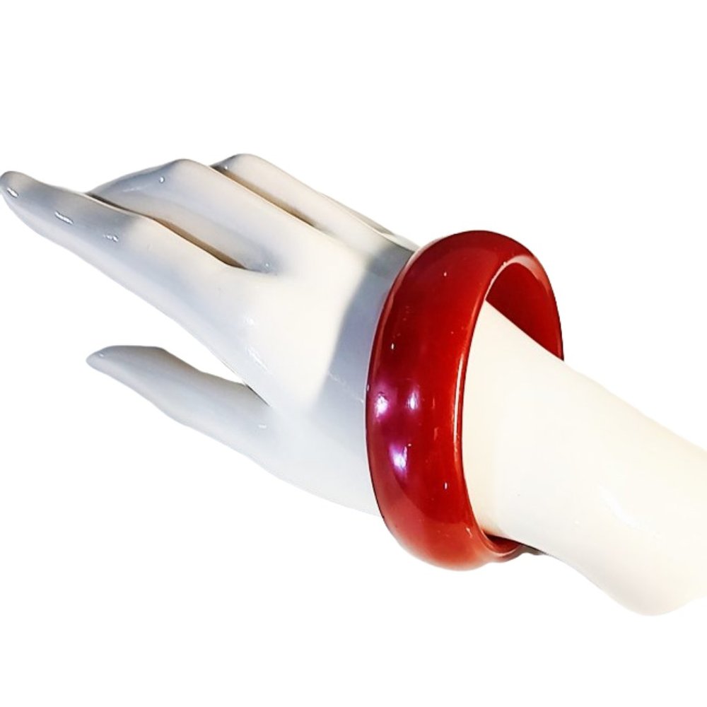 1960s Vintage Wide Cranberry Dark Red Moon Glow Lucite Plastic Bangle Bracelet